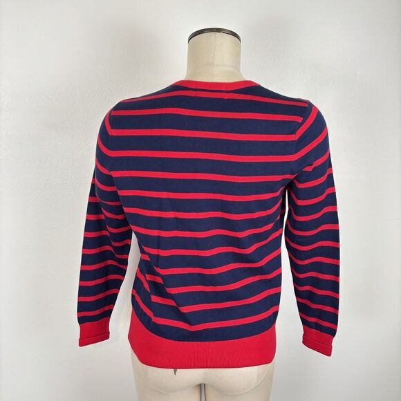 Lands' End Womens S Red Navy Blue Striped Cardigan Sweater Supima Cotton Knit - Picture 4 of 6